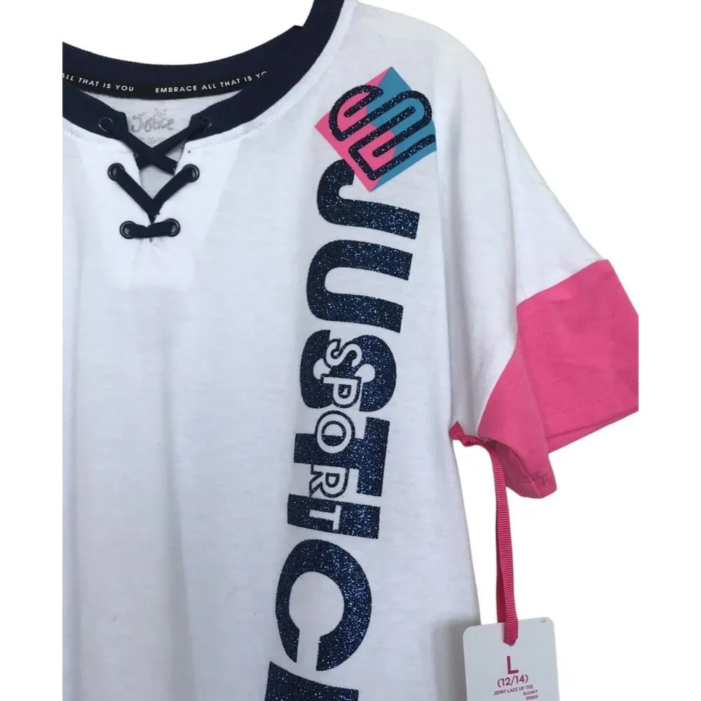 Justice Shirt Top Girls Size 12/14 Large L Glitter White Pink‎ White